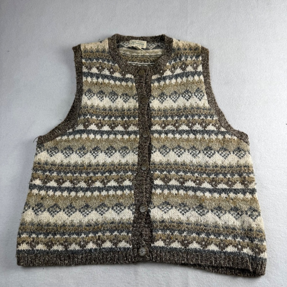 St Johns Bay Womens XL Fair Isle Button Front Sweater Vest Brown Wool Blend